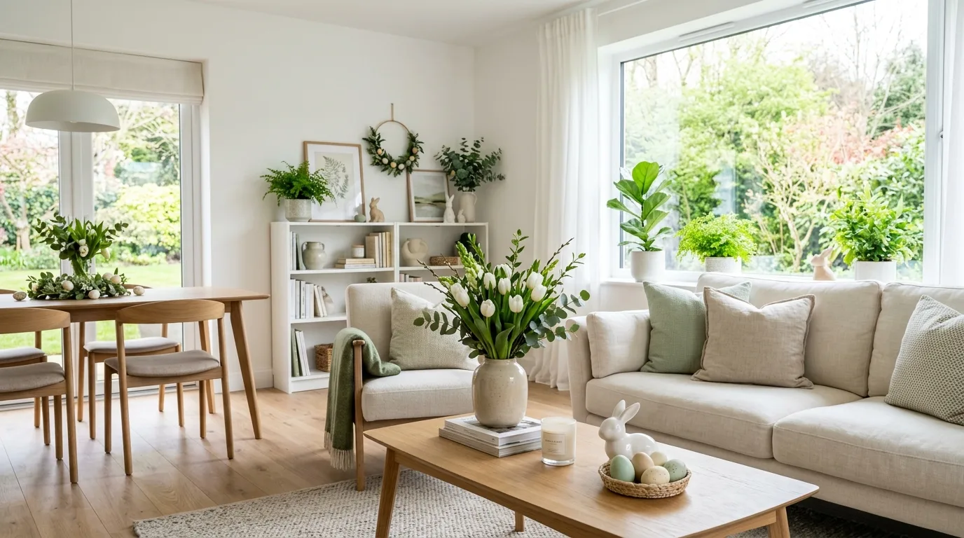 Minimal white and green spring decor indoors